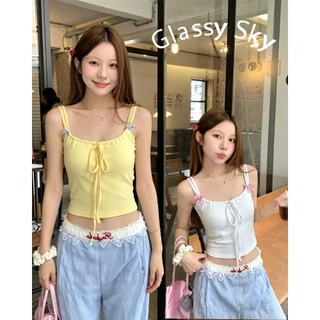 Glassy Sky💖พร้อมส่ง💖สายเดี่ยว เส้นคู่โบว์สองข้าง น่ารัก ลายเรียบ เชือกด้านหน้า อก32-38 มีฟองน้ำ สายเดี่ยว(FY6809-J)