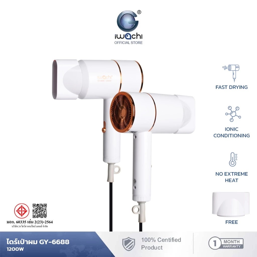 ไดร์เป่าผม IWACHI รุ่น GY-6688 1200W ขนาดพกพา ปรับลมได้ 3 ระดับ ผมแห้งไว ไม่ทำลายเส้นผม