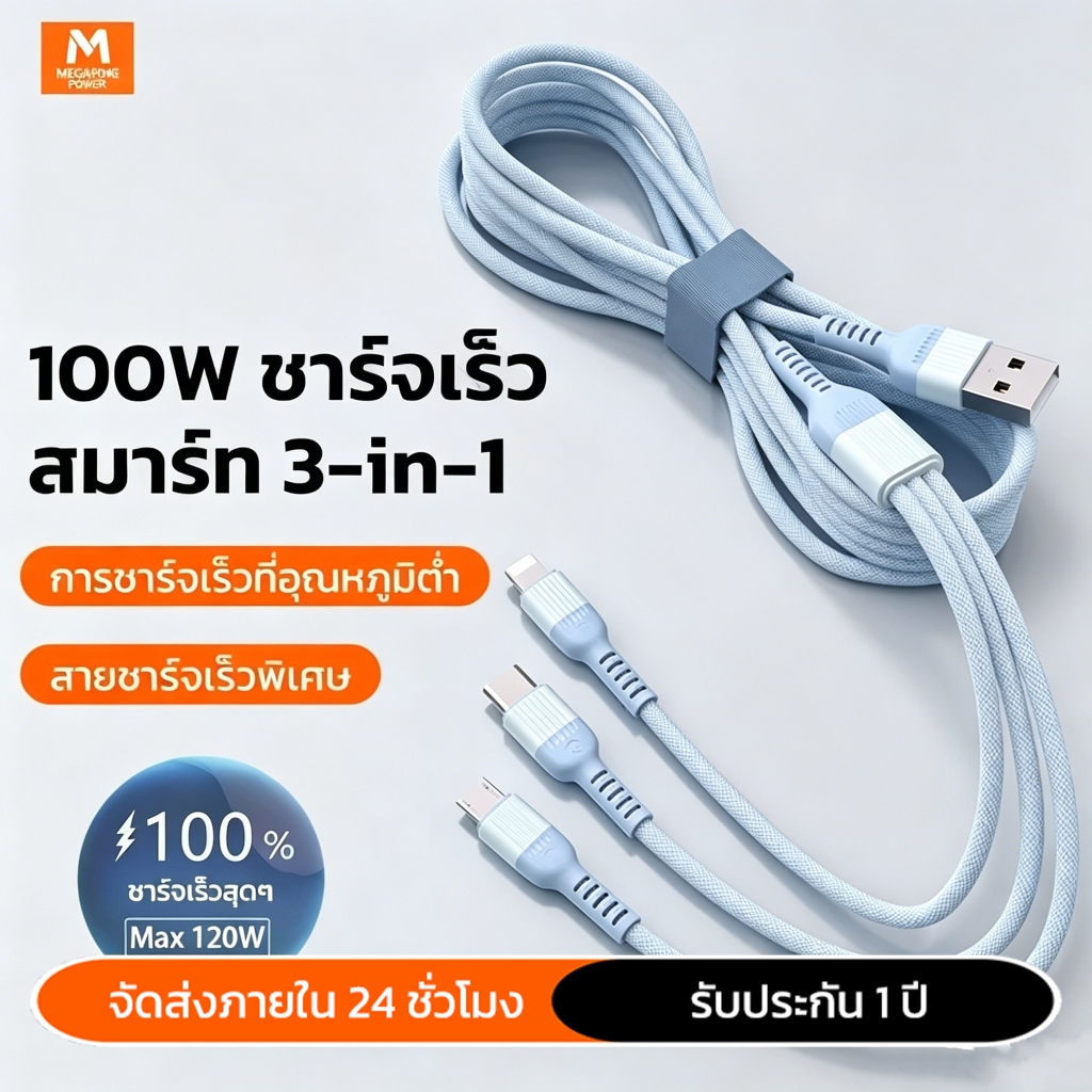 สายชาร์จเร็ว 3 IN 1 100W 6A USB / Micro USB / Type-C  รองรับ OPPO iPhone เส้นใยถัก ทนทาน