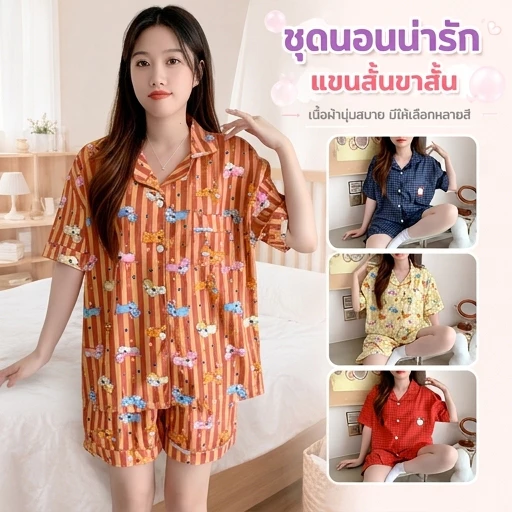 รุ่นใหม่ ชุดนอนผ้าไหมญี่ปุ่น แขนสั้น-ขาสั้น ผ้าเนื้อบางเบา อก52นิ้ว ใส่สบาย เหมาะสำหรับอากาศร้อน