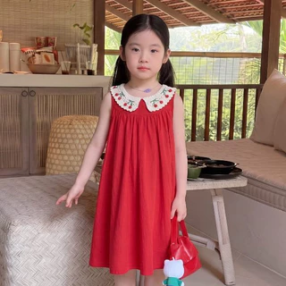 1-12 ปี ชุดออกงานเด็กผู้หญิงสีแดง คอปกเชอร์รี่ แขนกุด สไตล์เกาหลี กระโปรงพริ้ว ชุดเดรสเด็กผู้หญิง