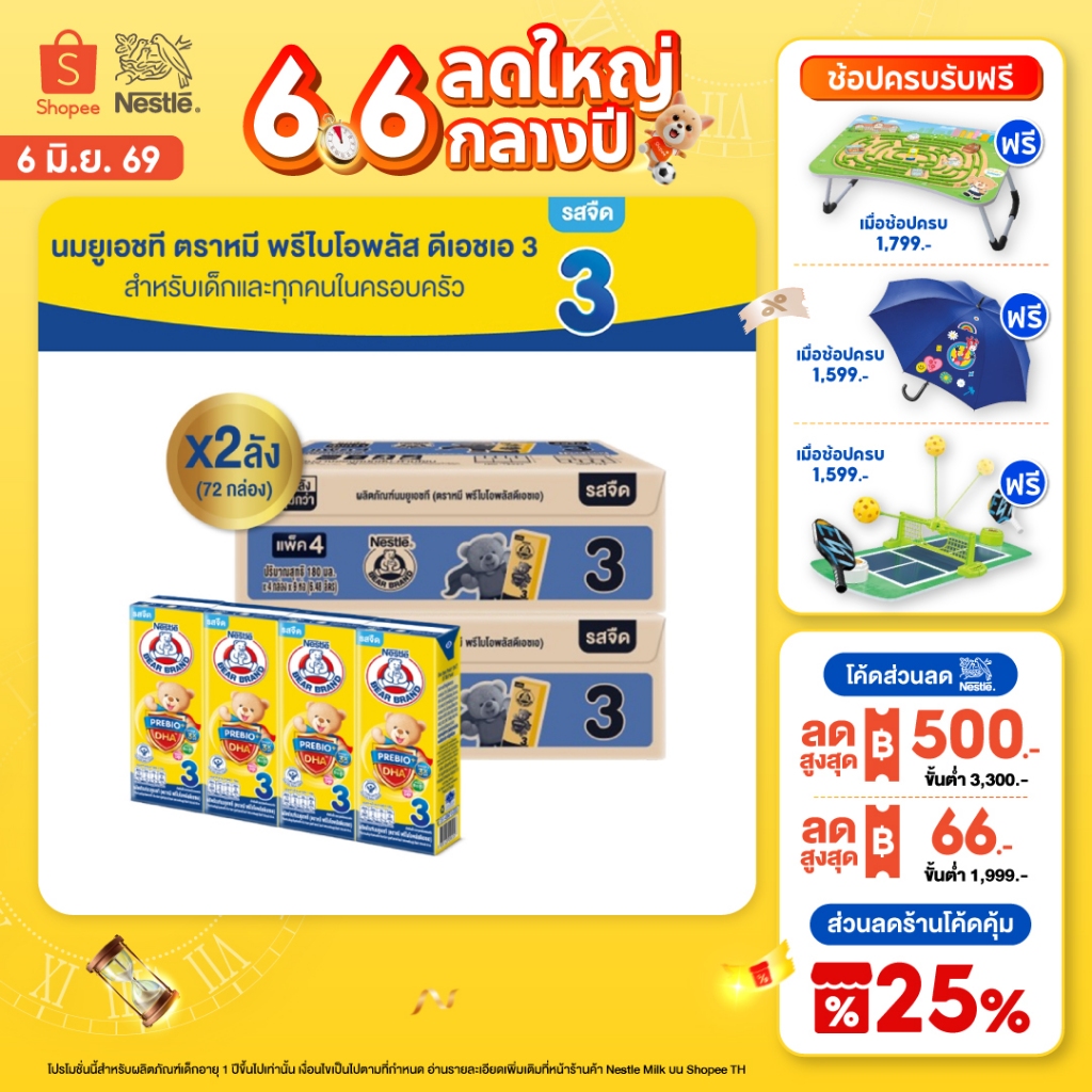 [นมกล่อง] นมยูเอชที ตราหมี สูตร 3 พรีไบโอพลัส ดีเอชเอ 180 มล. 36 กล่อง x2 ลัง