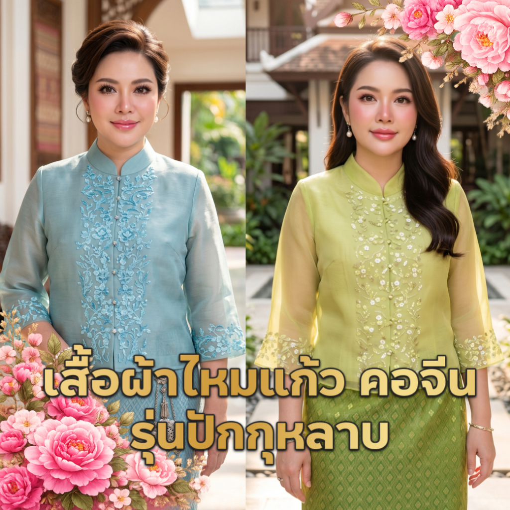 เสื้อผ้าไหมแก้ว พลอยไหมแก้ว คอจีน รุ่นปักกุหลาบ