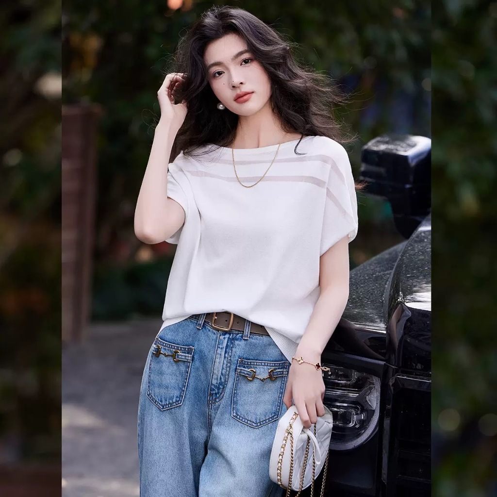 เสื้อสเวตเตอร์ถักสไตล์เกาหลีสำหรับผู้หญิง ทรงแขนปีกค้างคาวโปร่งบาง ดีไซน์เว้าช่วงฤดูร้อน