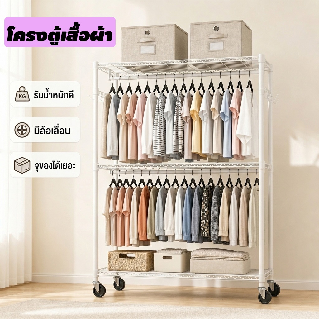 โครงตู้เสื้อผ้ามีล้อ 360องศา 3ชั้น 2ราวแขวน ปรับความสูงได้ เหล็กหนา แข็งแรงทนทาน จุเยอะ