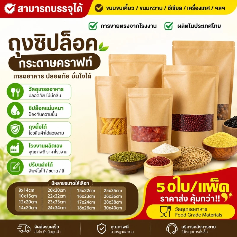 ถุงกระดาษคราฟท์ มีหน้าต่างใส ตั้งได้ เกรดอาหาร กันน้ำ กันฝุ่น มีซิปปิดสนิท หลายขนาด 50 ใบต่อชุด
