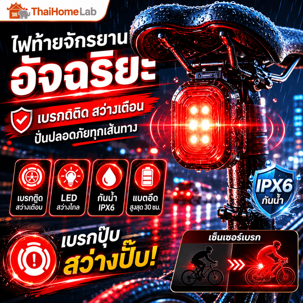【TH Delivery】ไฟท้ายจักรยาน อัจฉริยะ  ไฟท้ายจักรยานอัจฉริยะ กันน้ํา 5 โหมด IPX6 Type-C ไฟท้าย 180°อุปกรณ์ขี่จักรยาน มองเห