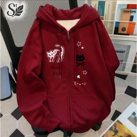 เสื้อฮู้ดแจ็คเก็ต CAT แจ็คเก็ตเรียบพร้อมซิปสำหรับผู้หญิง ANDKSE ขนาด M-XXL เสื้อสเวตเตอร์คุณภาพสูง เสื้อกันหนาวผ้าฝ้ายกั