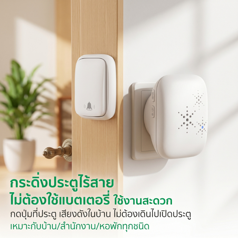 กริ่งประตูไร้สายไม่ใช้ถ่าน กันน้ำทนแดด รับระยะไกล เปลี่ยนเสียงได้ เหมาะติดตั้งใช้งานทั้งในและนอกบ้าน