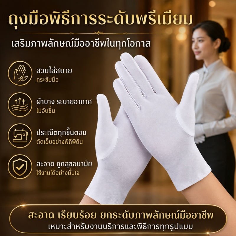 ถุงมือพิธีการสีขาว 1 คู่ ถุงมือผ้านุ่มสุภาพ สำหรับงานต้อนรับ โรงแรม ขับรถ บริการ งานแต่ง และพิธีการ