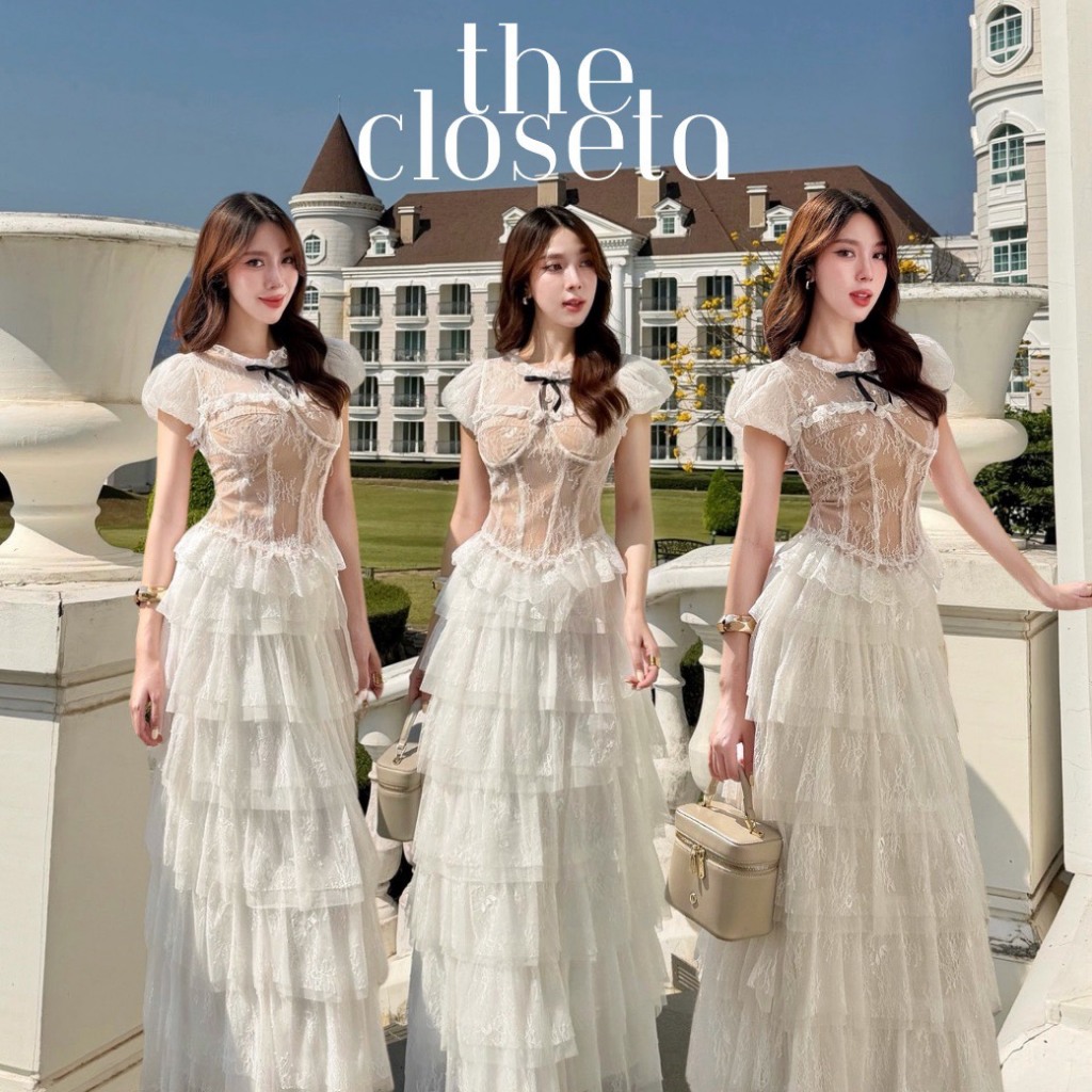 THE CLOSETA : LB614 เสื้อคอร์เซ็ทลูกไม้แขนตุ๊กตา+กระโปรงยาวแต่งระบายชั้นๆ