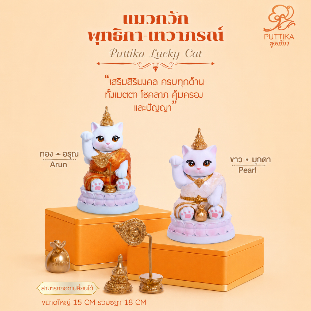 แมวกวักตัวใหญ่ lucky cat แมวกวักชุดไทย แมวกวักพุทธิกา-เทวาภรณ์