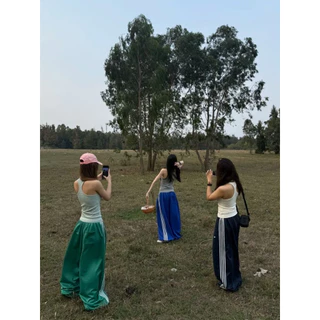 [Embroidered casual striped pants]ฮอลิเดย์ลมกีฬาเทรนด์ผู้หญิงเอวสูงปักลายกางเกงขากว้าง