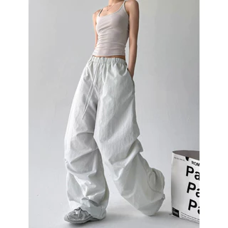 [Summer quick drying fabric, casual pants]สไตล์อเมริกันวินเทจผู้หญิงสีทึบแจ๊สเต้นลำลองกางเกงขากว้าง