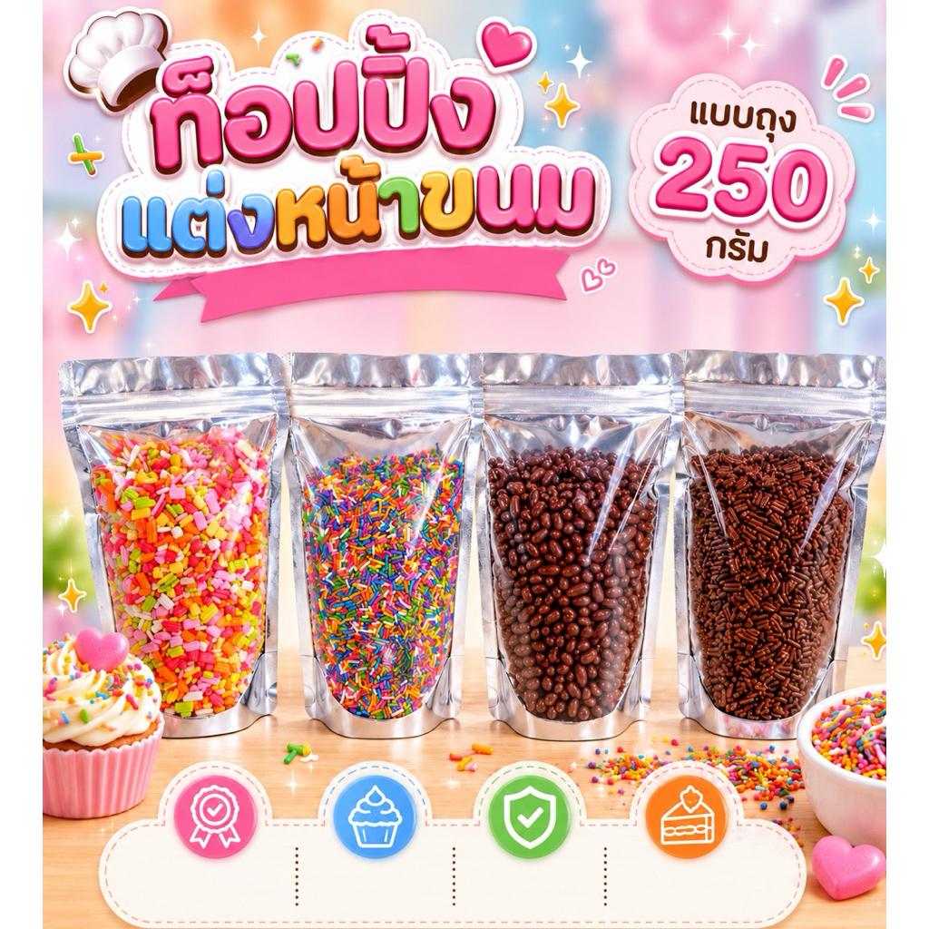 ท๊อปปิ้ง เม็ดสี น้ำตาลแต่งหน้าเค้ก ลูกปัด