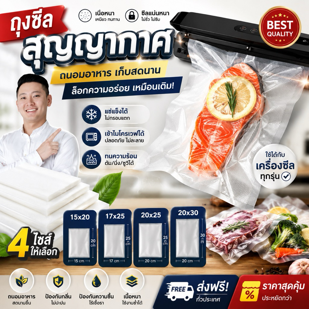 ✅ ราคาส่ง ✅ จำนวน 100 ใบถุงซีลสูญญากาศ แบบเรียบและแบบลายนูน