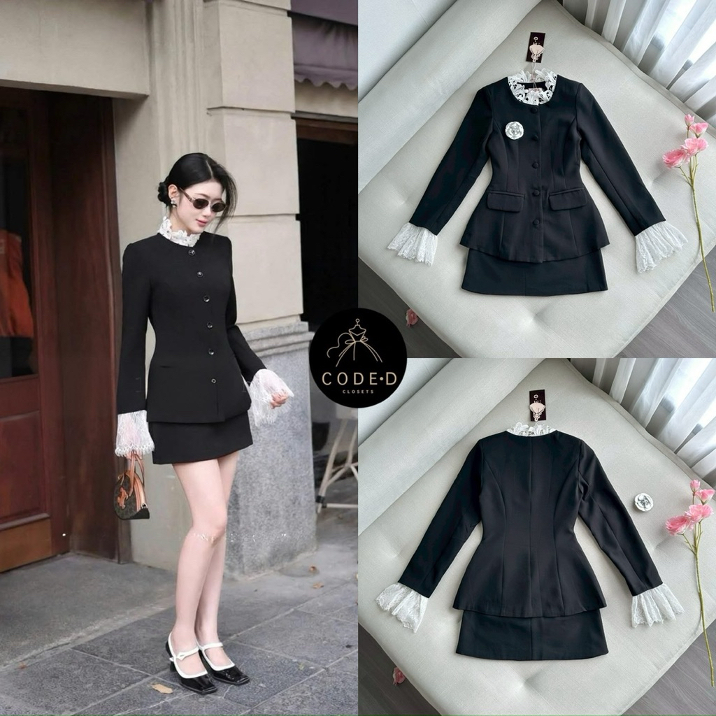CODE-D CLOSETS เซต2ชิ้น เสื้อสูทแขนยาวสีดำ คอกลมแต่งลูกไม้ ดีเทลแต่งกระดุมหน้าและกระเป๋าหน้า