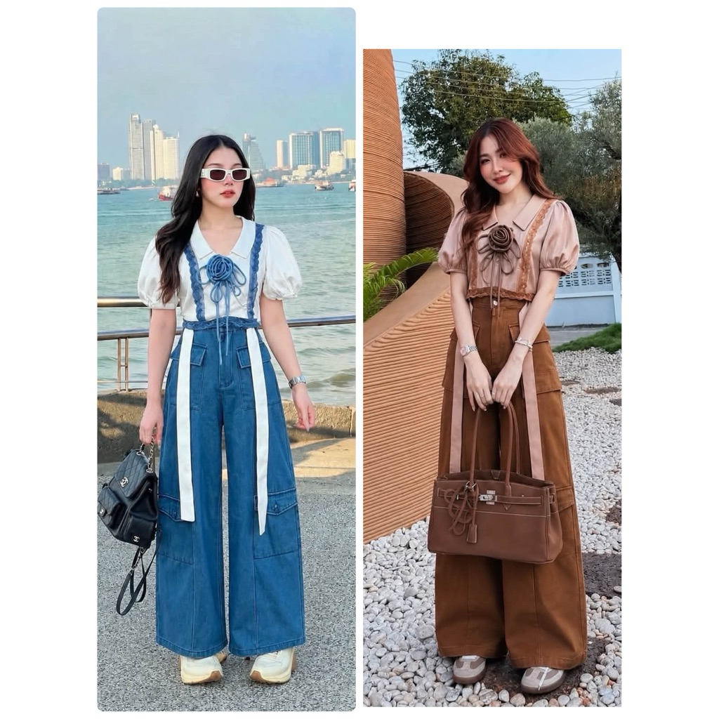 Jasmine > ชุดเซ็ตเสื้อแขนตุ๊กตาแต่งลูกไม้+กางเกงยีนส์ทรงคาร์โก้ พร้อมดอกกุหลาบ 3 D B364 B365
