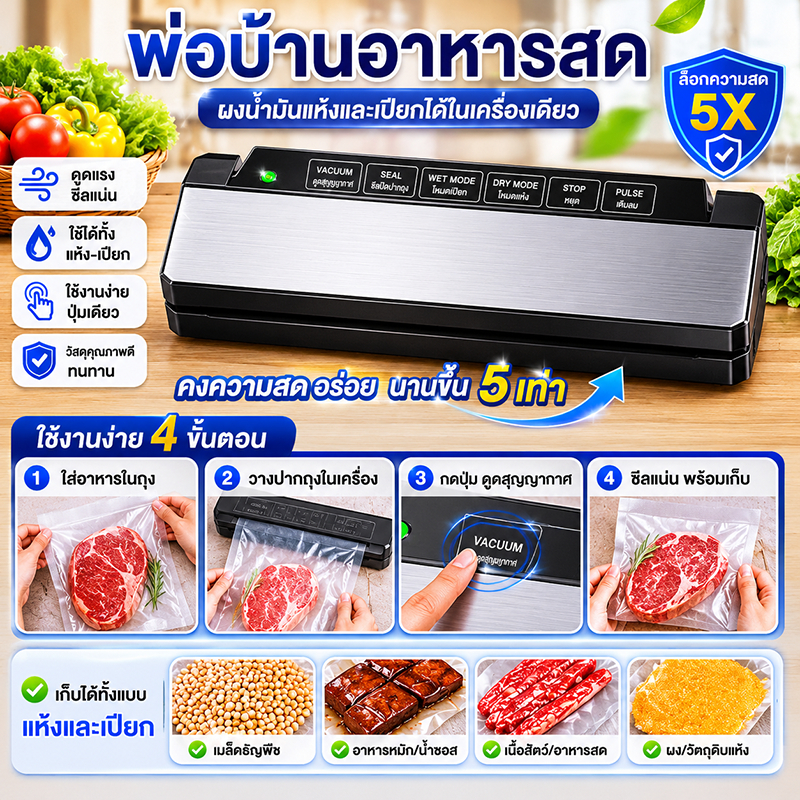 (พร้อมส่ง) เครื่องซิลสูญญากาศ แรงดูด-85KPA เครื่องซีลสูญญากาศข้าวสาร Vacuum sealer ฟรีถุง10ใบ