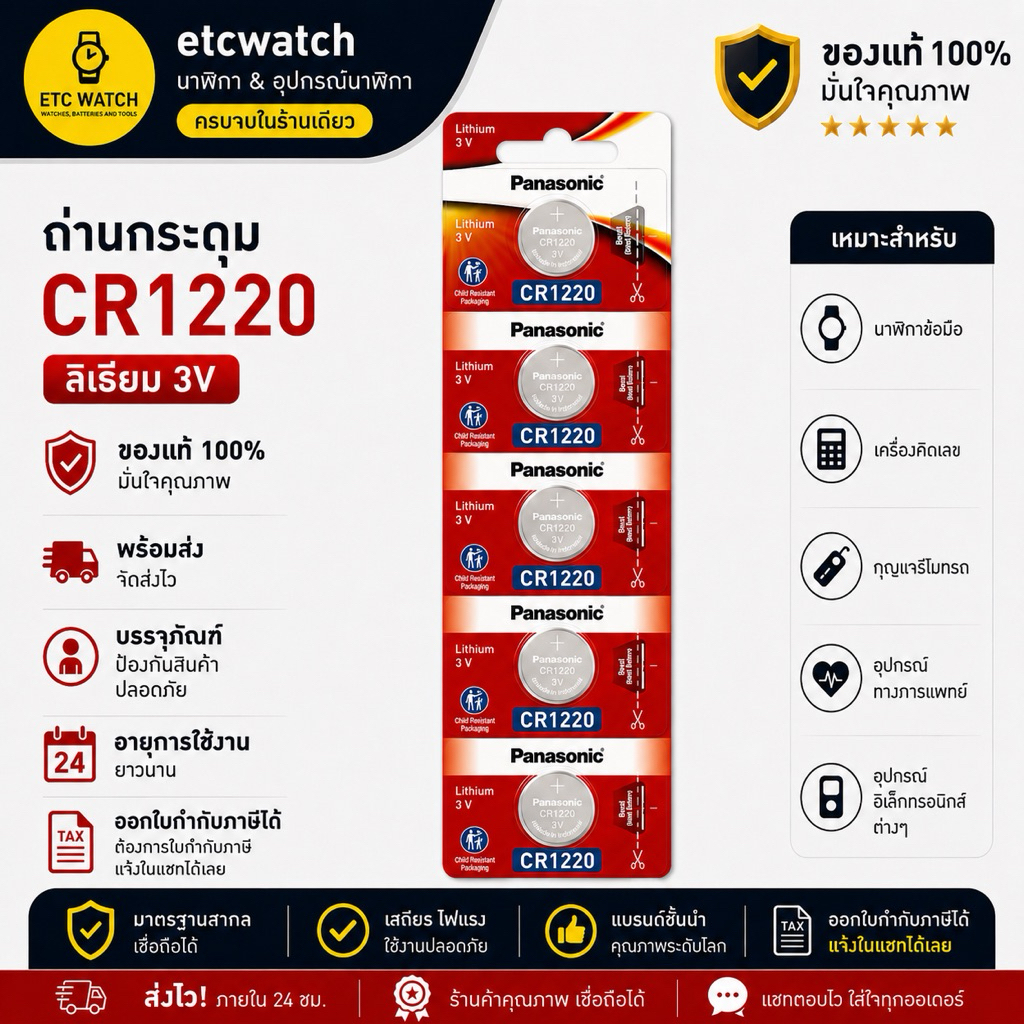 พร้อมส่ง> ถ่านกระดุม Panasonic CR1220 1 แผง 5 ก้อน ของแท้จากพานาโซนิคประเทศไทย ถ่านล็อตใหม่