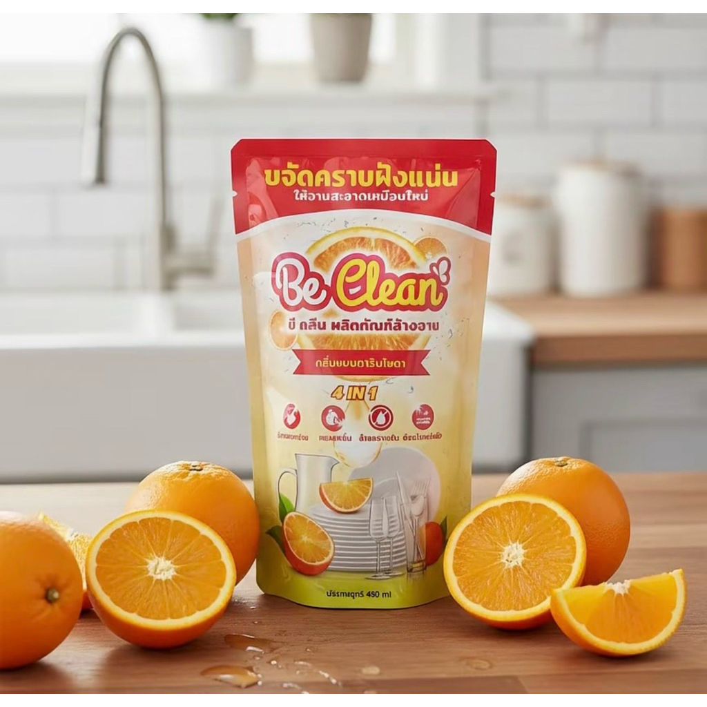 น้ำยาล้างจานสูตรเข้มข้น BeClean คละ กลินละ4ถุงสตรอเบอรีเฟรช/เลมอนบูสต์/แมนดาริน ปริมาณถุงละ460มล.