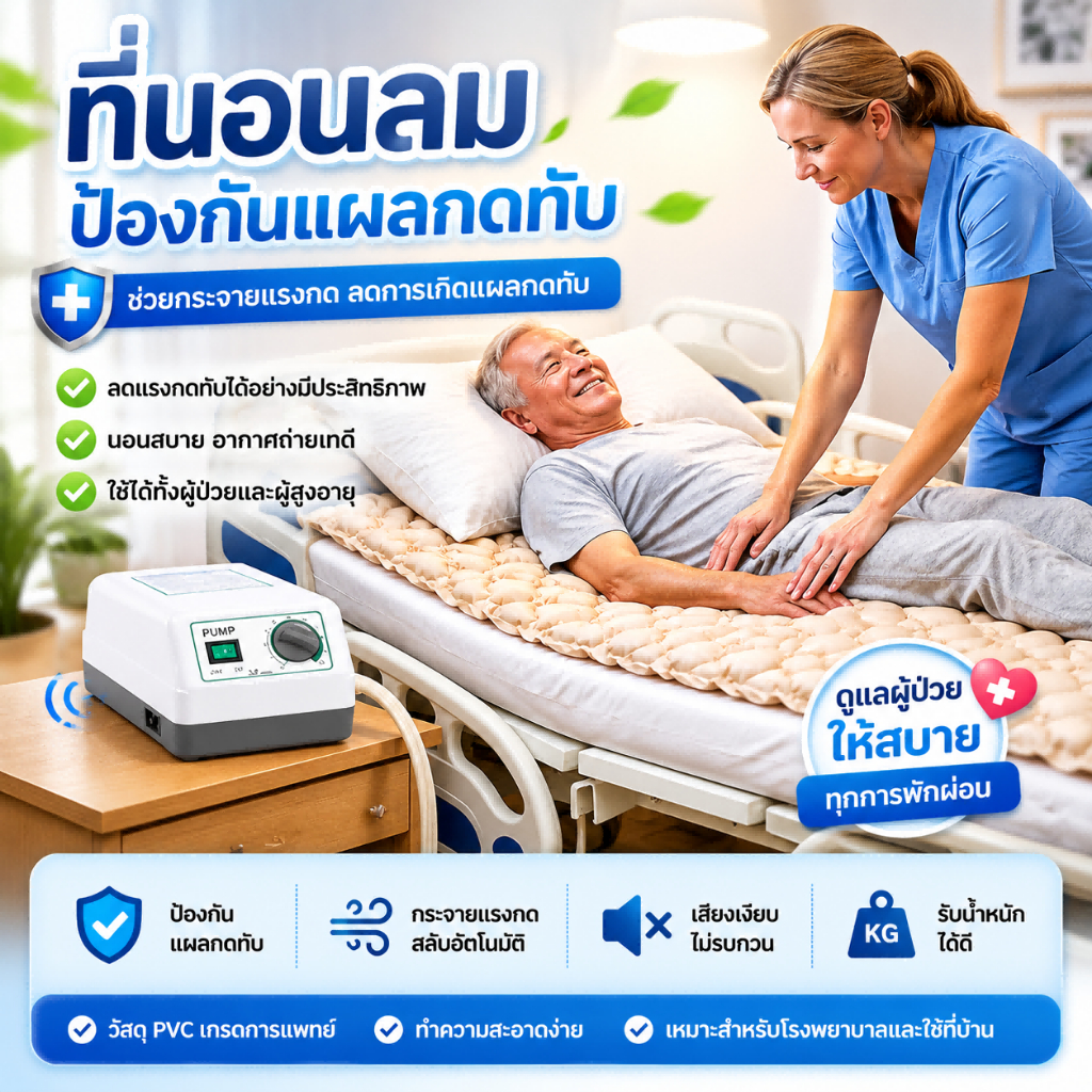 เตียงลมป้องกันแผลกดทับ รูปแบบรังผึ้ง กันน้ำ 100% วัสดุเกรดพรีเมียม ไม่แข็งกระด้าง เหมาะกับผู้ป่วยติดเตียง