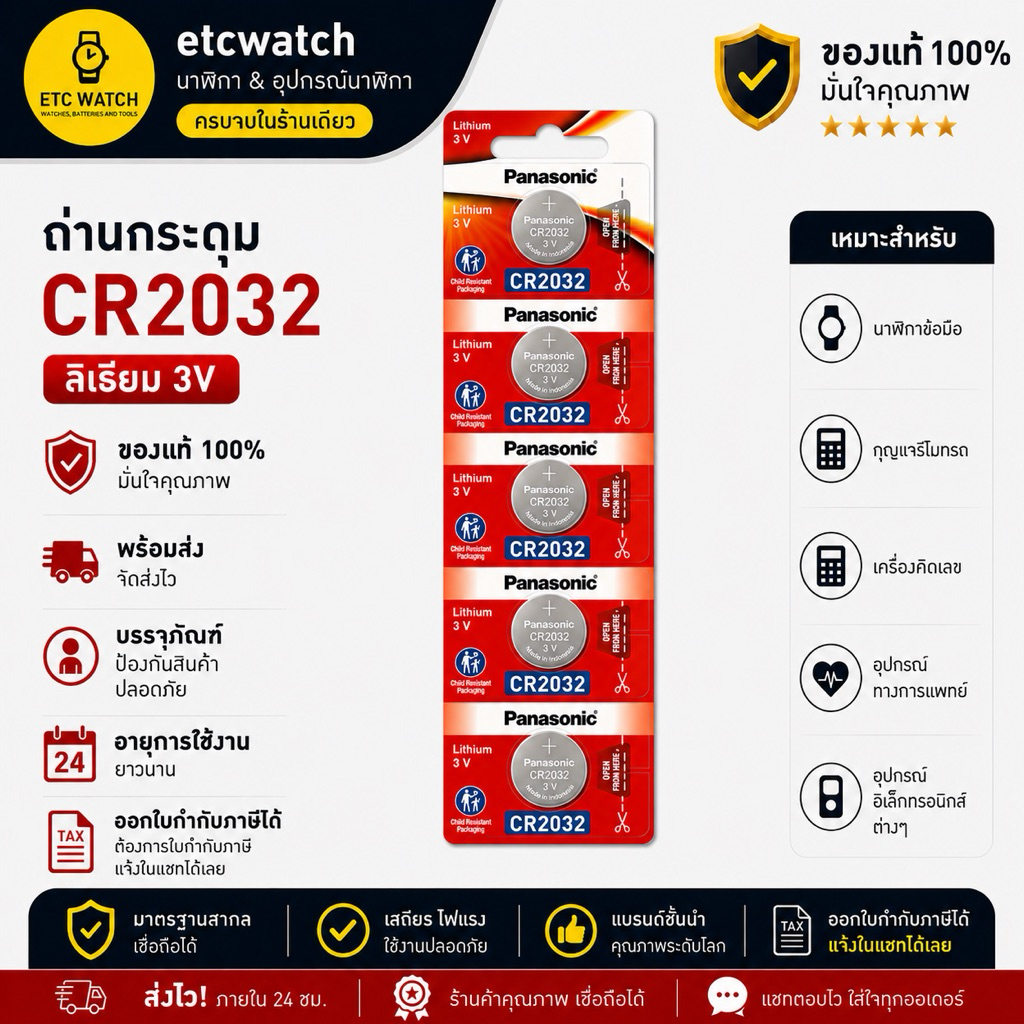 พร้อมส่ง> ถ่านกระดุม Panasonic CR2032 1 แพค 5 ก้อน ของแท้ ฉลากไทย