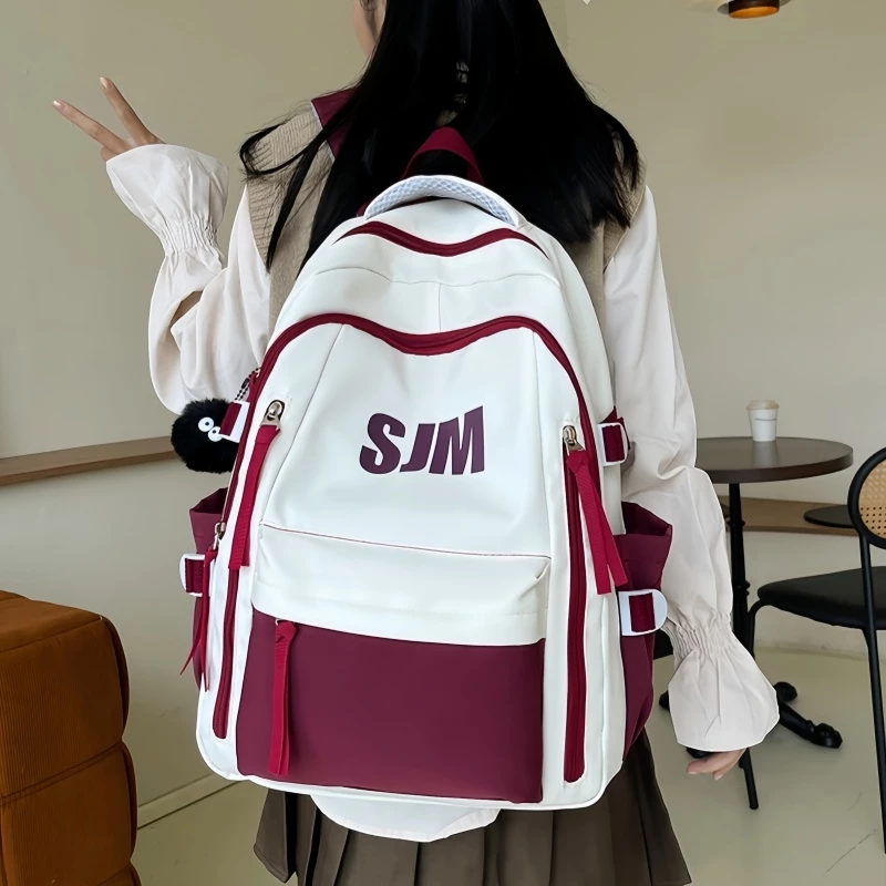 กระเป๋าเป้าเกาหลีลายตัวอักษร สีตัดกัน ความจุใหญ่ ใช้ได้ทั้งเรียนและเดินทาง