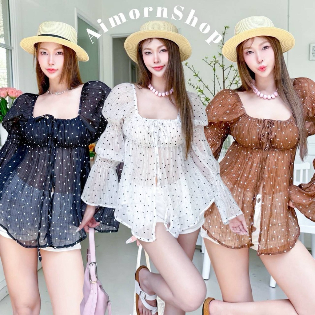 🔥aimorn_shop🔥เสื้อญาญ่า แขนยาวแต่งดึงยาง 3 ช่วง แต่งจีบหน้าอก ด้านหลังสม็อค น่ารักมาก เนื้อผ้าดี ไม่ต้องรีด