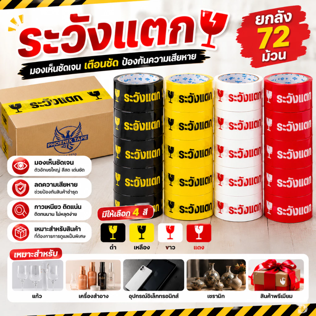 เทปกาวระวังแตก ยกลัง72ม้วน 100หลา 45หลา เทปปิดกล่อง เทป phoenix