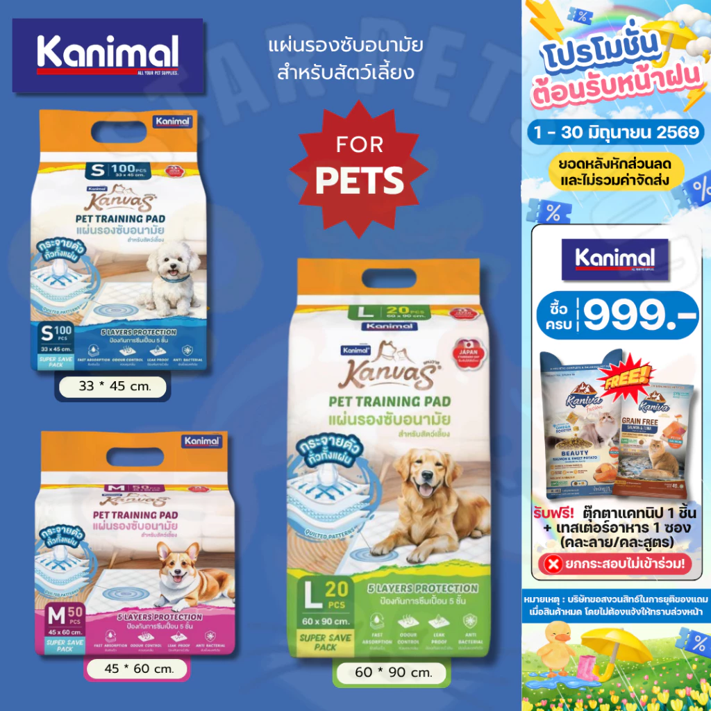 Kanvas แคนวาส แผ่นรองซับ สำหรับสัตว์เลี้ยง ยับยั้งแบคทีเรีย ป้องกันการซึมเปื้อน 5 ชั้น ซึมซับเร็ว ควบคุมกลิ่น