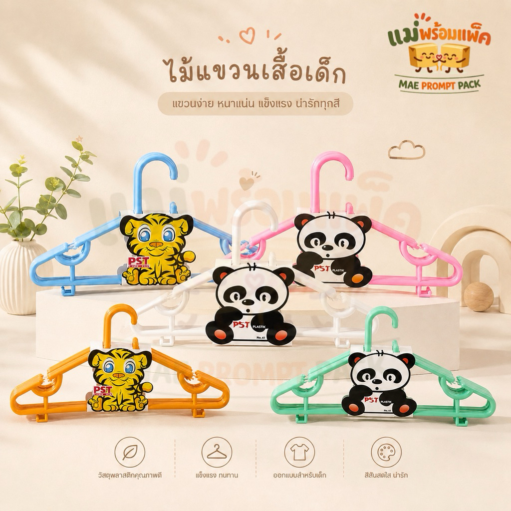 PST พร้อมส่ง ไม้แขวนเสื้อเด็ก: แพ็คละ 10 ชิ้น ขนาด 29x16 ซม. สำหรับเสื้อผ้าเด็ก. ดีไซน์พิเศษสำหรับการแขวนเสื้อผ้าเด็ก.