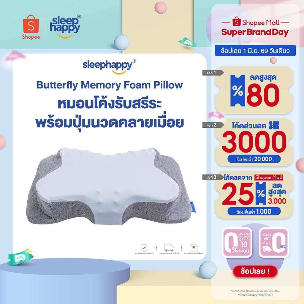 SleepHappy หมอนเมมโมรี่โฟมสุขภาพ รุ่น Butterfly Pillow โค้งรับสรีระ พร้อมปุ่มนวดคลายเมื่อย ลดปวดคอ ออกแบบโดยผู้เชี่ยวชาญ