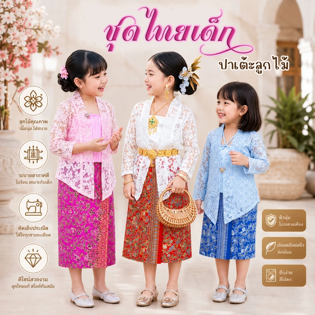 ชุดไทยเด็ก ปาเต้ะลูกไม้ ชุดพื้นเมือง เซท3ชิ้น เสื้อตัวในอัดพลีท เสื้อคลุมลูกไม้ กระโปรงผ้าปาเต้ะ