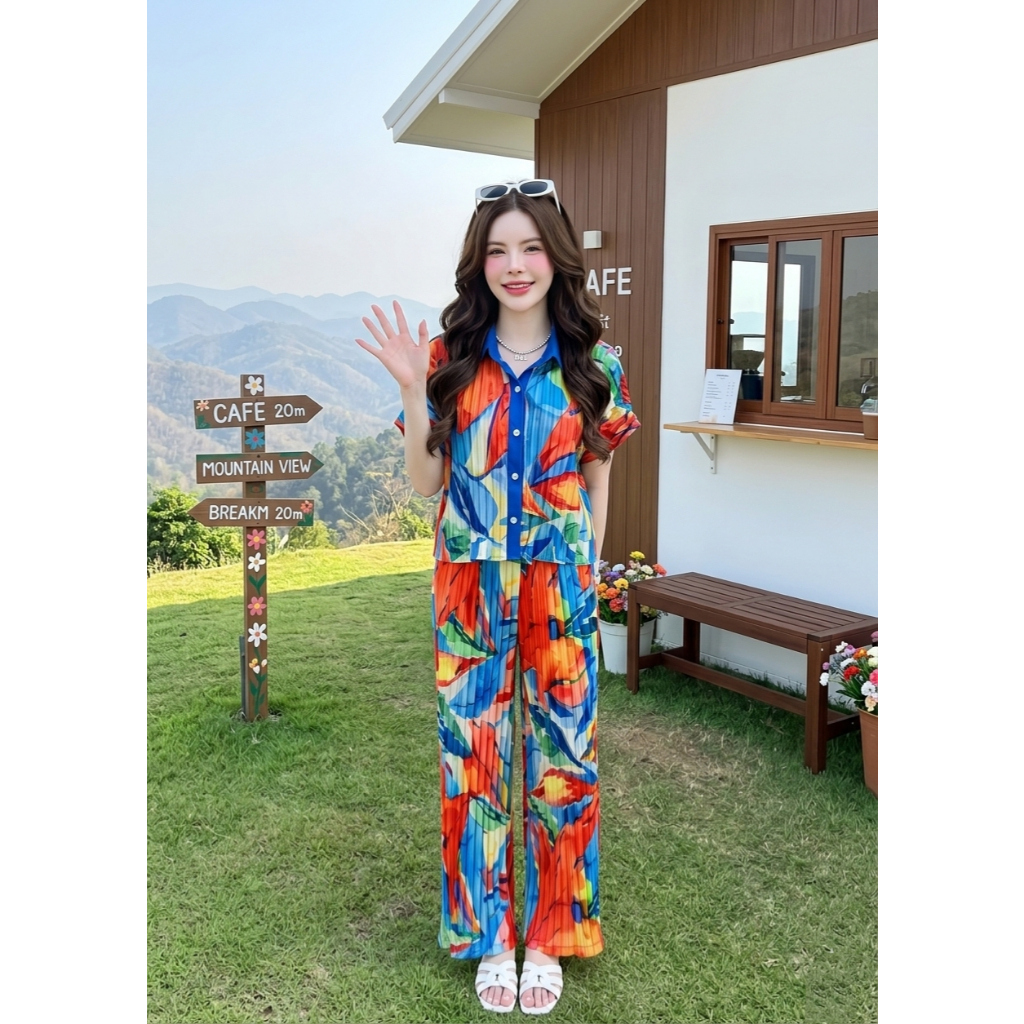 A1467 ชุดเซตเสื้อ + กางเกงขายาว อัดพลีต พิมพ์ลายใบไม้