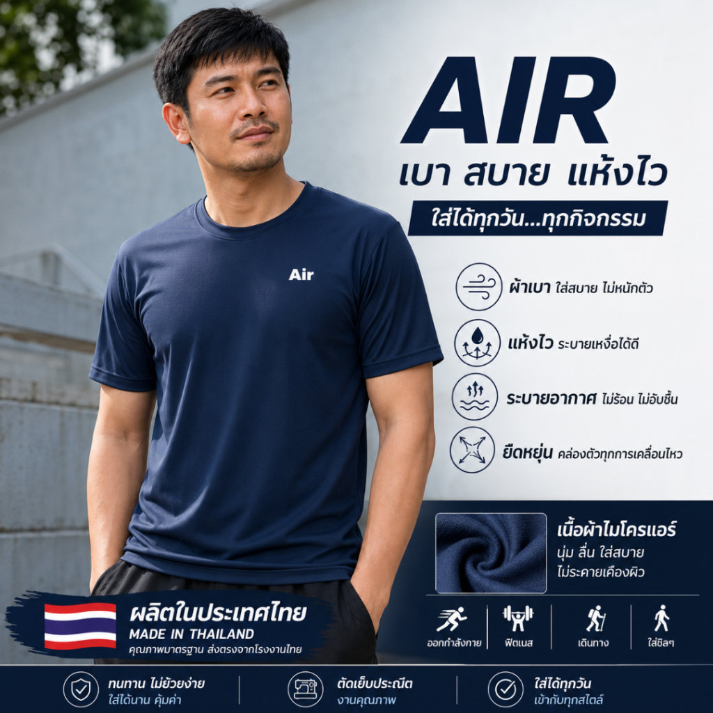 เสื้อวิ่ง เสื้อกีฬา ผ้าไมโครเกรดเอ นุ่ม ลื่น ใส่สบาย ไม่ยับง่าย ราคาส่ง