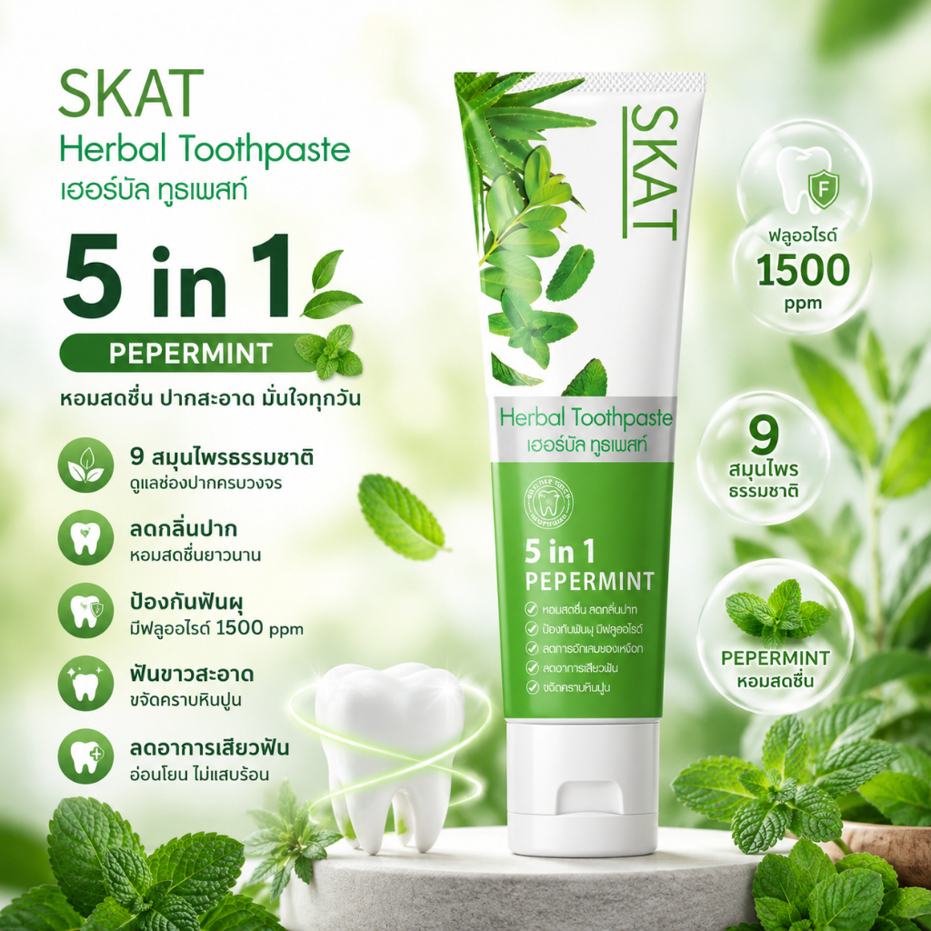 【NO.1】SKAT ยาสีฟัน 5อิน1 สมุนไพร 9ชนิด 100g มีฟลูออไรด์ หอมมินต์ ลมหายใจสดชื่น ป้องกันฟันผุ