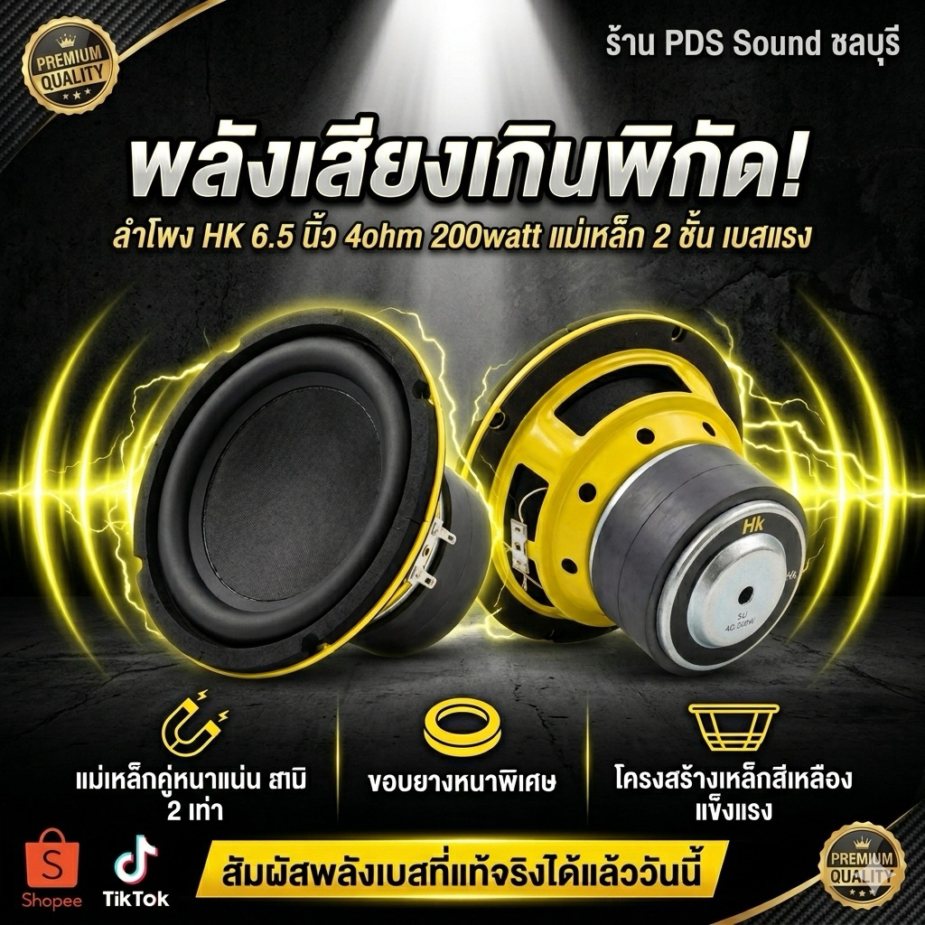 hk6.5 4/200wattแม่เหล็ก2ชั้นแถมสติ๊กเกอร์ฟรี #ตูดเล็กโครงเหลือง2ชั้น