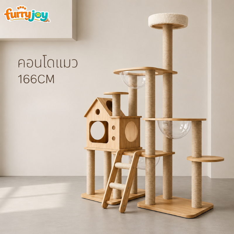 [FurryJoy]คอนโดแมวขนาดใหญ่ 166cm บ้านแมวไม้ พร้อมเสาลับเล็บ บันได หลุมแมว 3 จุด แข็งแรง ประกอบง่าย รองรับแมวหลายตัว
