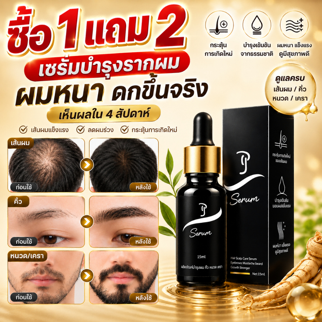 【ซื้อ 1 แถม 2 ฟรี】Serum บำรุงผม คิ้ว เครา ช่วยให้ผมแข็งแรง ดูหนาขึ้น 15ml