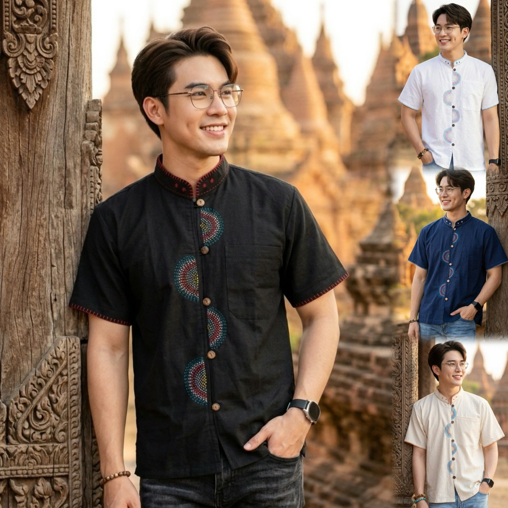 เสื้อพื้นเมืองผู้ชายคอจีนปักลาย ครึ่งวงกลม ด้วยมือ รุ่น "สง่ามหาทรัพย์"
