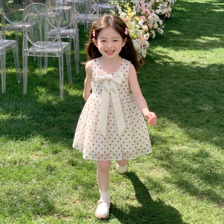 PRINCESS KESLI ชุดเดรสเด็กผู้หญิง ชุดเดรสไม่มีแขนลายจุด แต่งโบว์ใหญ่ สุดน่ารัก สำหรับปาร์ตี้วันเกิด/ไปเที่ยว 2-12 ปี