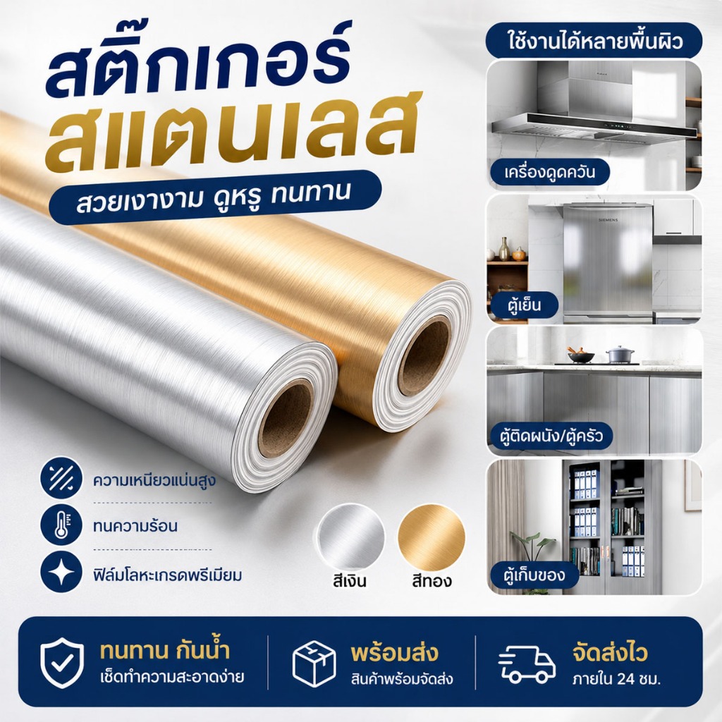 [COD]พร้อมส่งจ้า สติ๊กเกอร์สแตนเลส มีกาวในตัว วอลเปเปอร์ ตกแต่งบ้าน โลหะ Wallpaper สําหรับติดตกแต่งผนังบ้าน และตู้เย็น