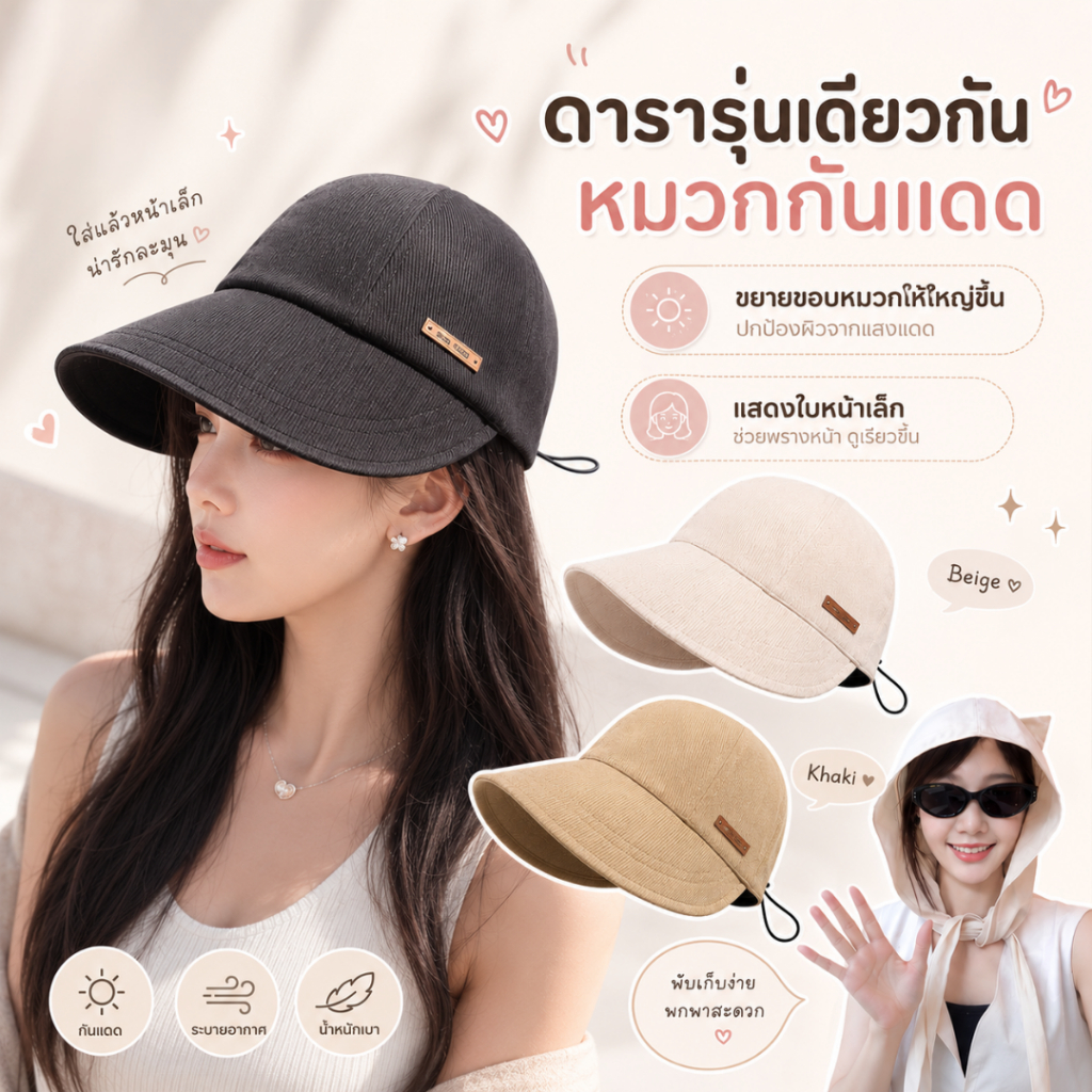 หมวกกันแดดผู้หญิง ปีกกว้าง สไตล์เกาหลี ปรับขนาดได้ กันUV หน้าเล็ก พับได้ ใส่เที่ยว ใส่ทุกวัน