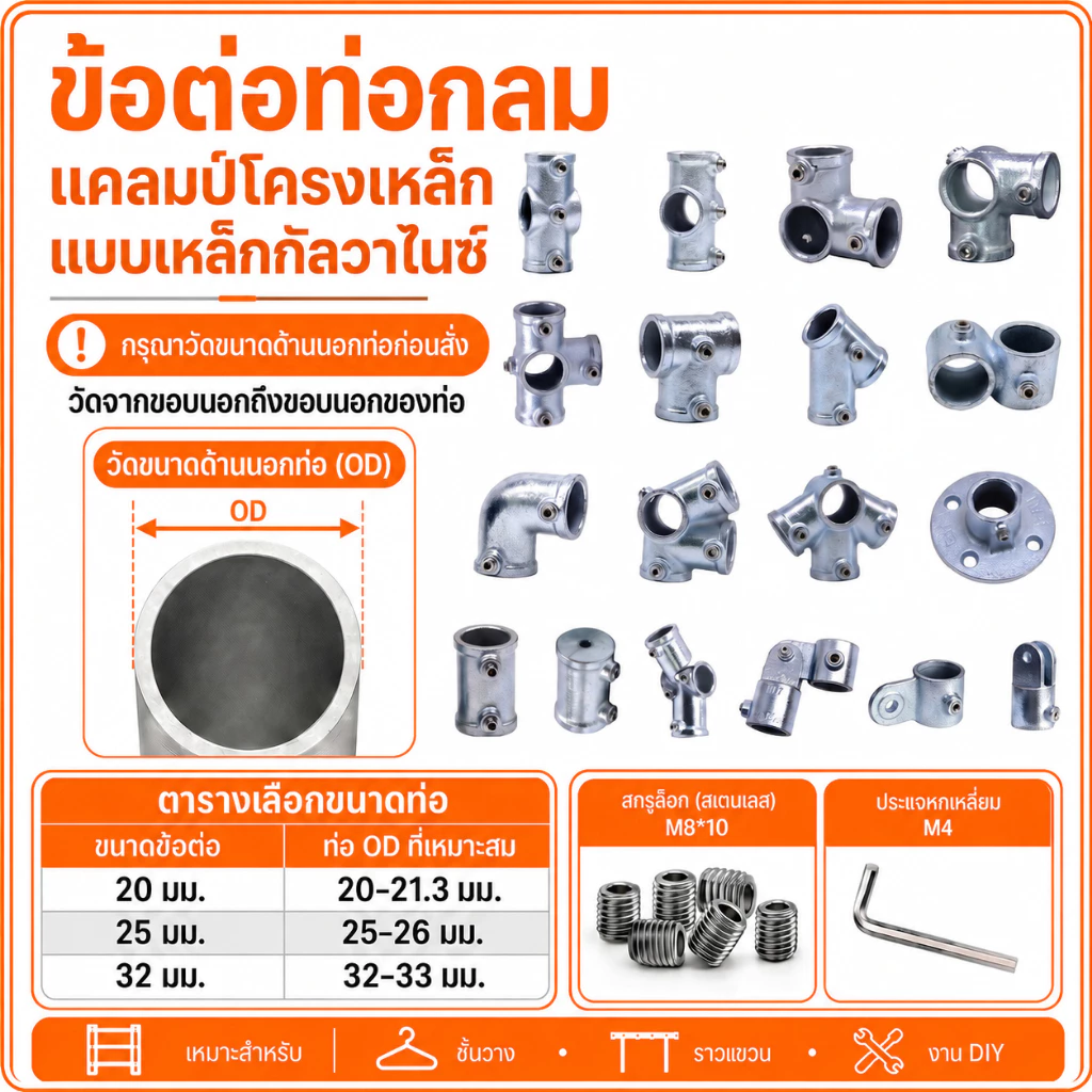 ข้อต่อเหล็กกัลวาไนซ์ ขนาด 20 มม. / 25 มม. / 32 มม. สำหรับงานเฟอร์นิเจอร์ DIY