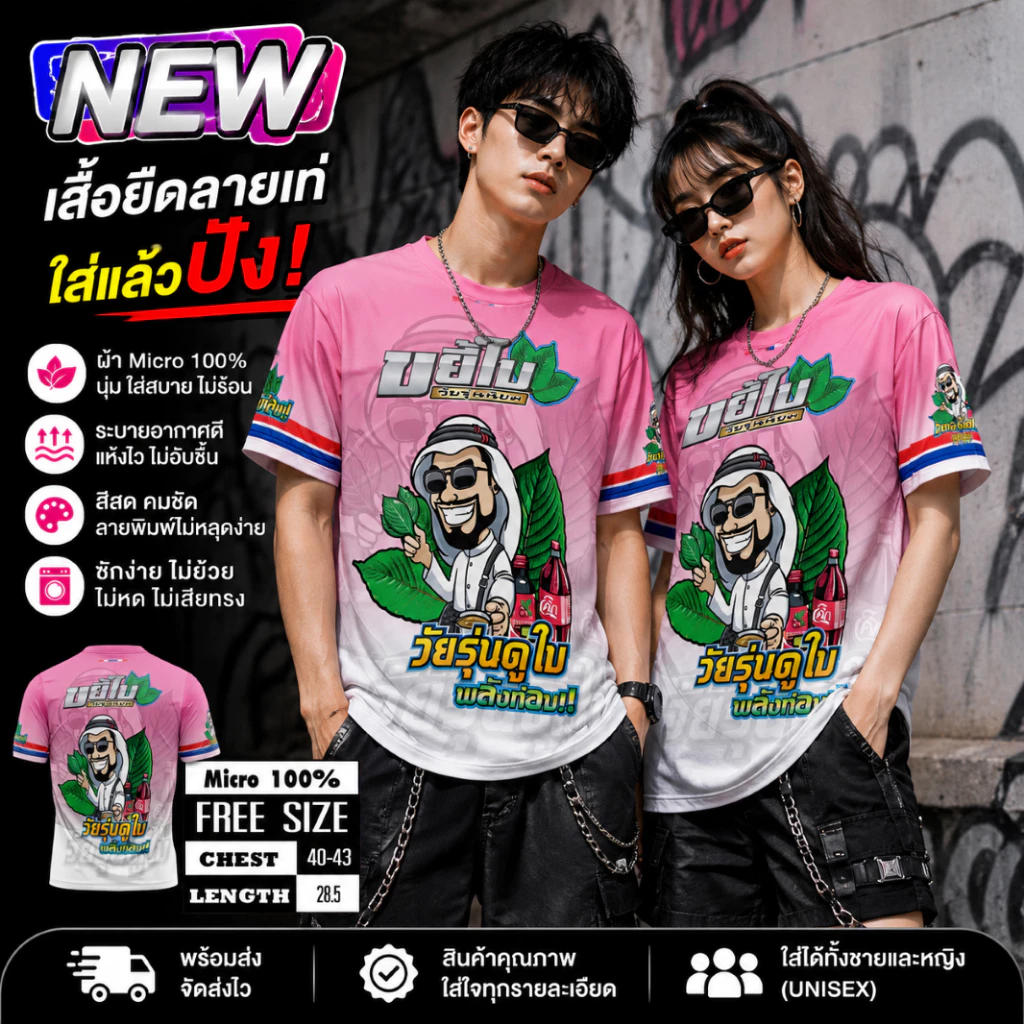 🔥พร้อมส่ง🔥✅ ขยี้ใบ ✅เสื้อพิมพ์ทั้งตัวเป็นผ้าไมโครหรือผ้ากีฬา รอบอก 42 นิ้ว พิมพ์ลาย-หน้าหลัง