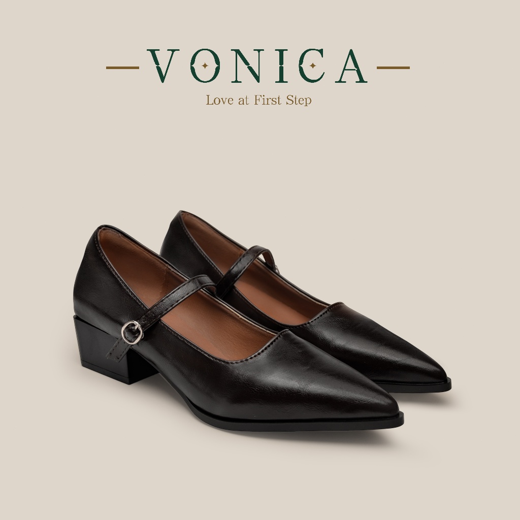 VONICA รองเท้าส้นต่ำแมรี่เจนสีดำ หัวแหลม สไตล์เกาหลี สะดวกใส่ทำงานและทุกวัน