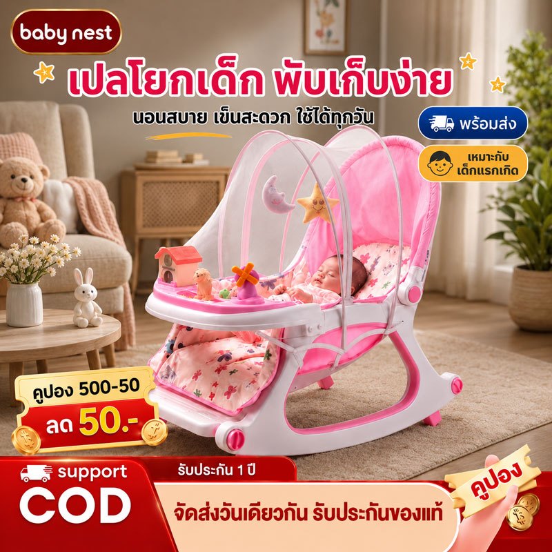 เปลโยกเด็ก เก้าอี้โยกสำหรับเด็ก มีของเล่น มีล้อ ร่มเงา เข็นลากได้ ถาดกว้าง รับน้ำหนักได้ 25กิโล