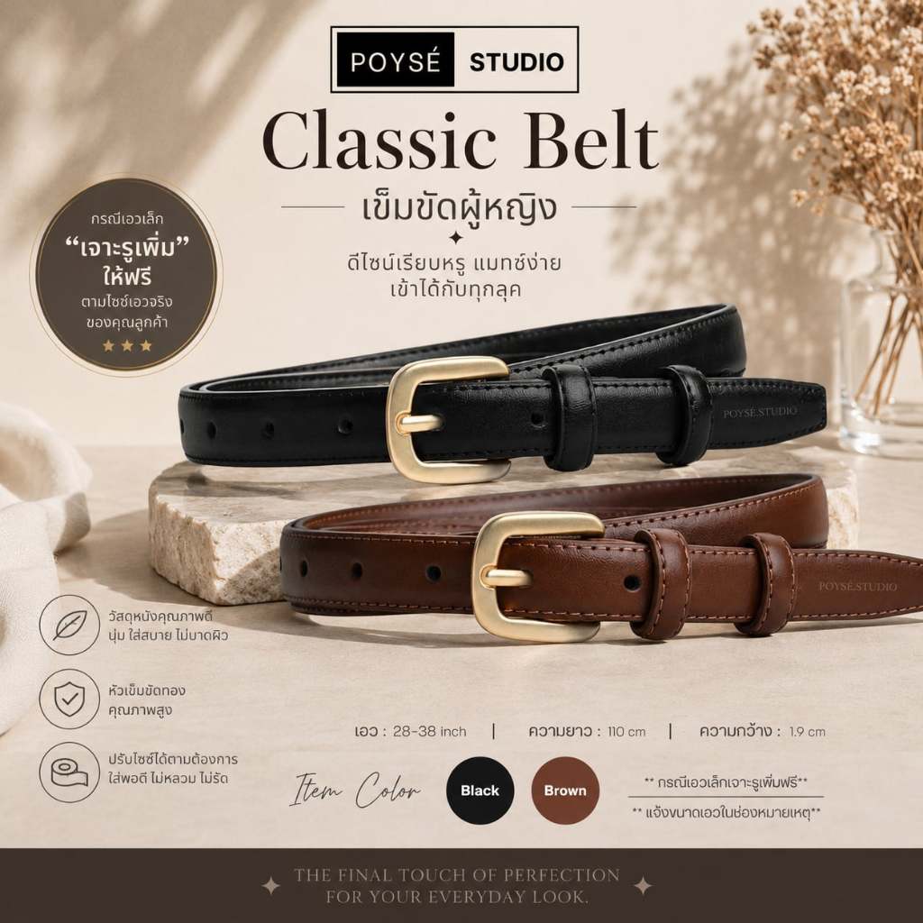 POYSE เข็มขัดผู้หญิง Classic Belt + (ฟรี) ถุงผ้า POYSÉ.STUDIO [PSB009]