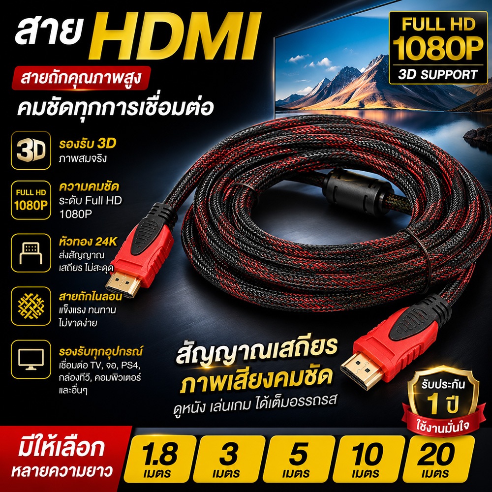 สาย TV HDMI 1.8 เมตร 3เมตร 5เมตร 10เมตร สายถักรุ่น HDMI 1.8M 3M 5M 10M 20M CABLE 3D FULL HD 1080P